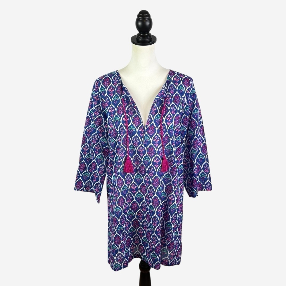 J Crew Swim Cover Up Tunic Size S Cotton Lightweight 3/4 Sleeve Blue Floral